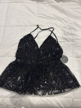 Beaded Black Sequin Lace Peplum Chemise